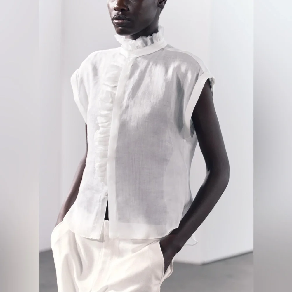 NWT Zara Woman RUFFLED 100% RAMIE SHIRT ZW COLLECTION White Size S Small - Picture 4 of 12